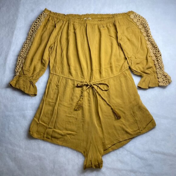 Blush Womens Mustard Yellow Lace Detailing Off Shoulder Boho Romper L - Picture 1 of 9
